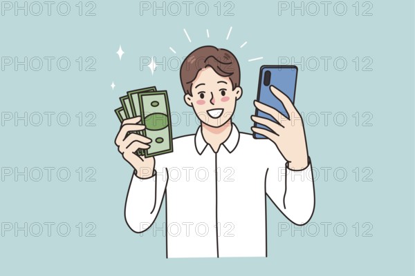Smiling man holding smartphone and money excited with online lottery victory. Happy guy win cash on