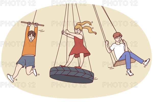 Happy children have fun riding on swings outdoors. Smiling kids enjoy summer leisure activity on