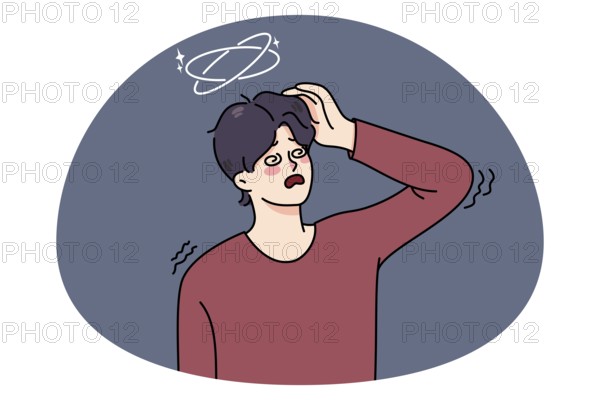 Unhappy sick man feel unwell suffer from dizziness or blurry vision. Ill guy struggle with health