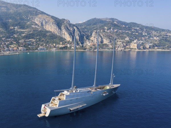 Aerial view 143 metre long three-master Sailing Yacht A, the largest sailing yacht in the world,