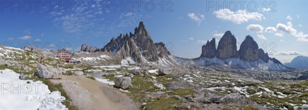 View of the Three Peaks, the Paternkofel and the Dreizinnenhütte, Sesto Dolomites, South Tyrol