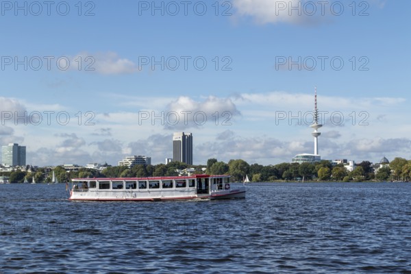 Leisure activities in summer, pedal boats and Alster-Touristik launch Ammersbek in front of blue