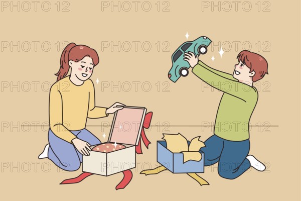 Happy small kids unpack wrapped boxes with presents for birthday. Smiling children feel excited