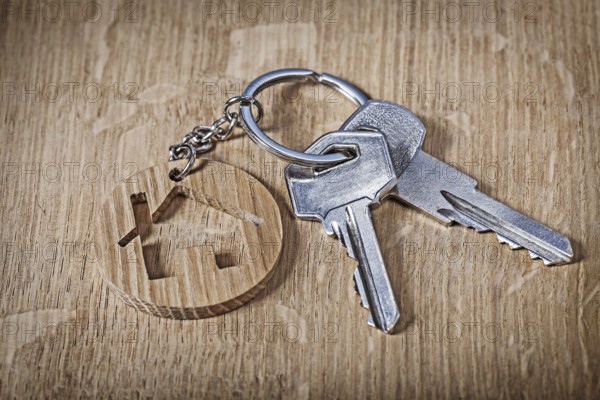 Trinket house and key on wooden background