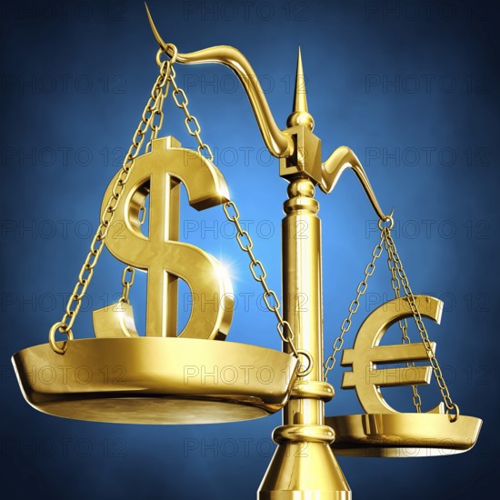3D rendering of a scale with a dollar and euro symbol