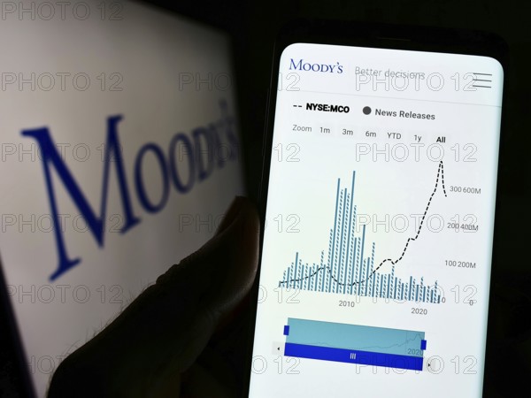 Stuttgart, Germany, 10-09-2022: Person holding smartphone with webpage of rating company Moody's