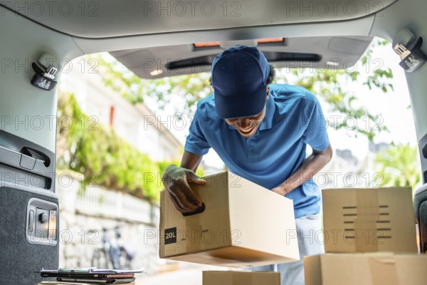 Delivery african man with blue uniform and cap working with several packages on van
