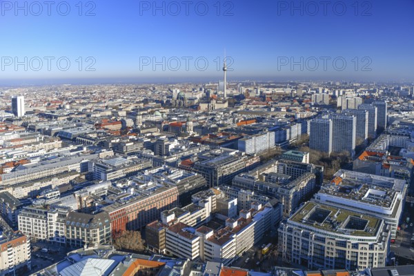 Aerial view, TV tower, Leipziger Straße, Friedrichstraße, Berlin Cathedral, Gendarmenmarkt, Berlin