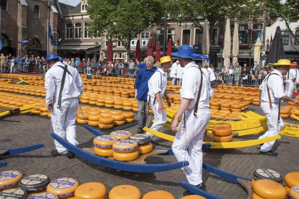 Alkmaar, Netherlands, May 2022. The cheese carriers at the Alkmaar cheese market