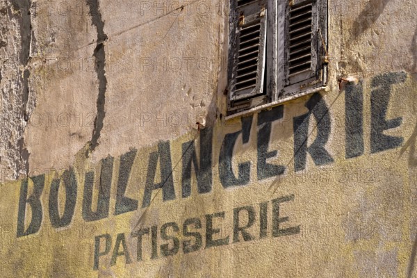 Painted lettering Boulangerie Patisserie on an old building, Corsica, France, Europe