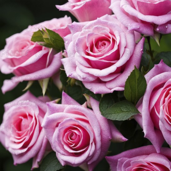 Bouquet of pink roses complemented by green leaves, AI generated
