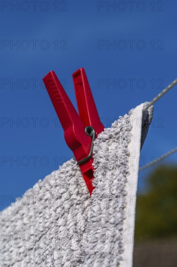Red clothes peg holding a wet towel on a clothesline, in front of a blue sky, Weseke, Münsterland,