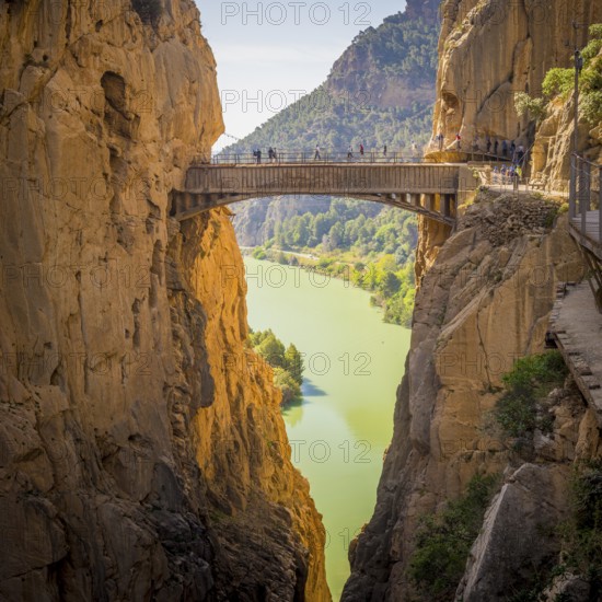 El Chorro, Spain, April 2023: View on the Caminito De Rey bridge, Puente colgante, Europe