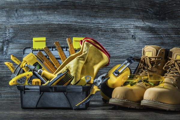 Big set of construction tools in little toolbox and boots