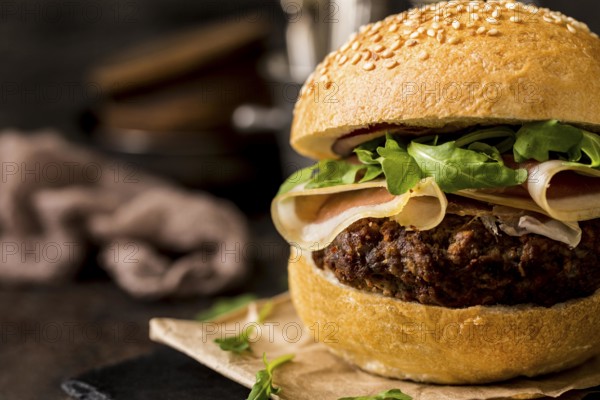 Close up burger with bacon