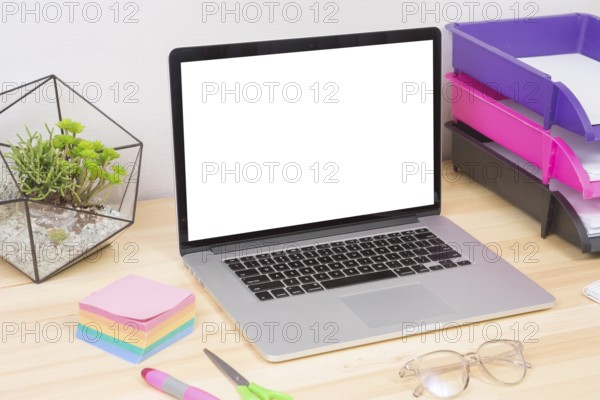 Laptop with green plant stickers table