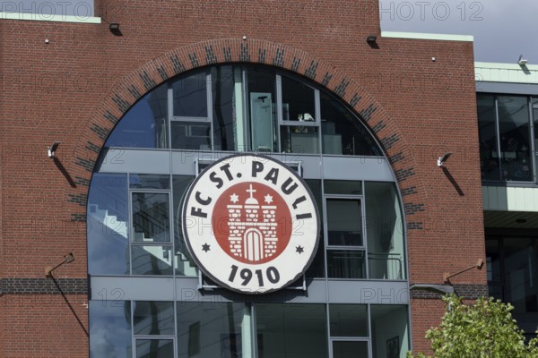 FC St. Pauli coat of arms at the office in the Millerntorstadion at Heiligengeistfeld in Hamburg,