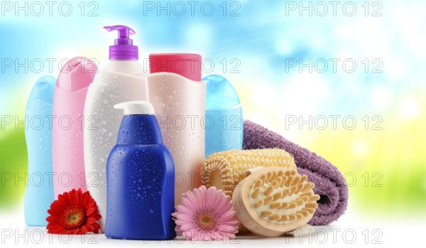 Plastic bottles of body care and beauty products