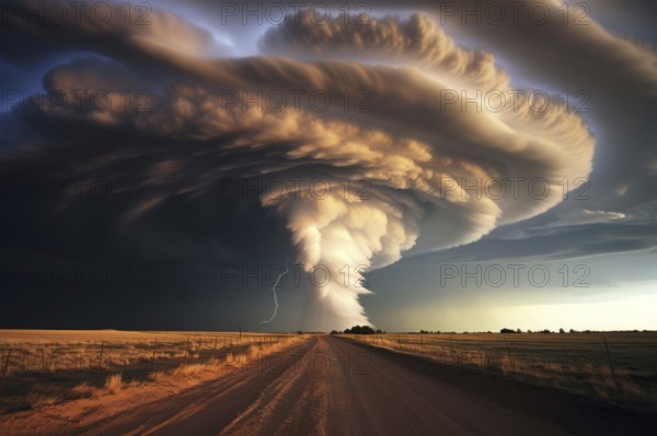 A huge tornado in the sky, road in front, natural disaster, severe weather, climate change, AI