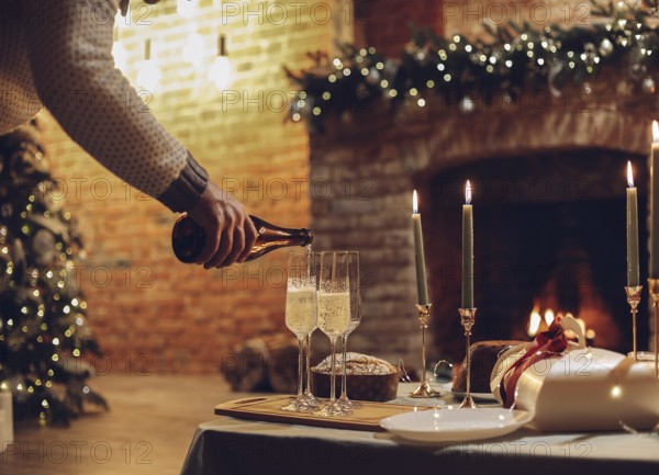 New Years Eve celebration. Man pouring champagne into glasses standing on table with festive xmas
