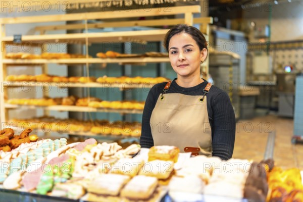 Latin young saleswoman standing in the counter of a bakery shop with pastries and artisan bread