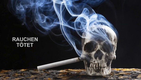 AI generated, A skull and a burning cigarette, Smoking kills