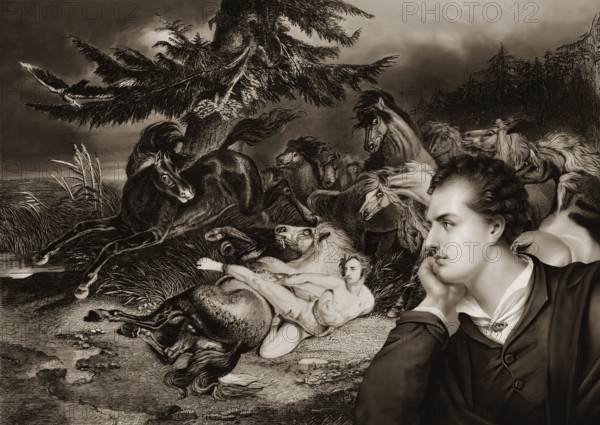 Portrait of George Gordon Noel Byron, scene from Mazeppa, a narrative poem written by him in 1819,