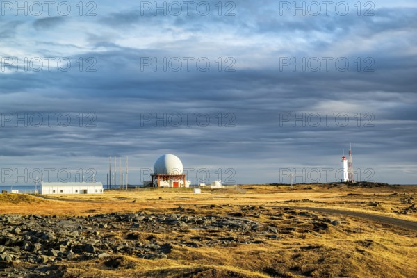 Radar station in Vestrahorn at sunset in a cloudy day, Iceland, Europe