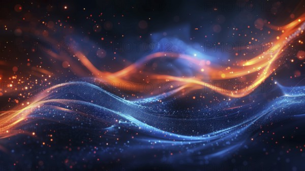 Blue and orange light trails with sparks on a dark background create a dynamic and glowing effect,