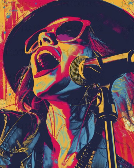 Expressive and vibrant illustration of a rockstar singer passionately performing with a microphone,