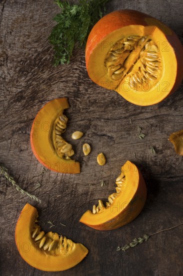 Top view pumpkin slices with seeds