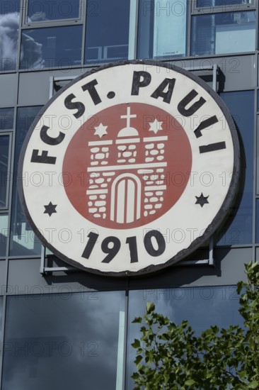 FC St. Pauli coat of arms at the office in the Millerntorstadion at Heiligengeistfeld in Hamburg,