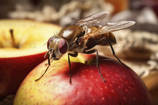 Close-up of a fruit fly, fruit fly, vinegar fly (Drosophila Melanogaster) on apple, AI generated