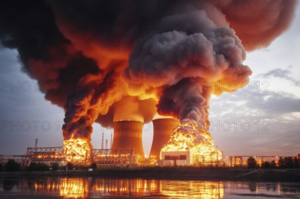 Super GAU, fire catastrophe in a nuclear power plant, rainy clouds of smoke, sea of flames, nuclear