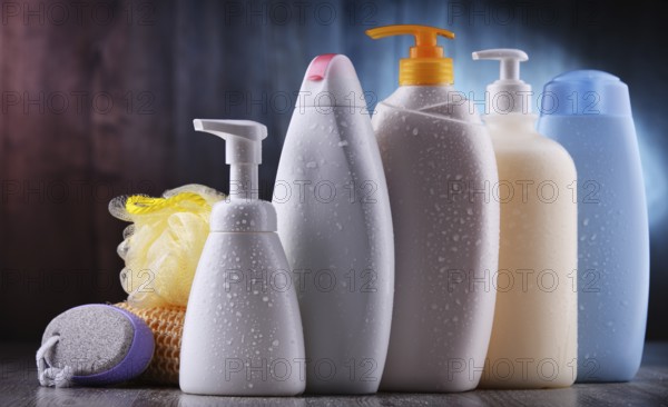 Plastic contaiers of shampoos and shower gels