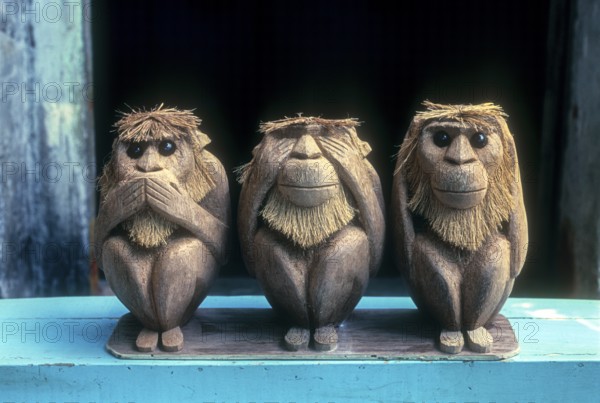 Monkeys in coconut shell Handicraft of Puducherry Pondicherry, South India, India, Asia. Union