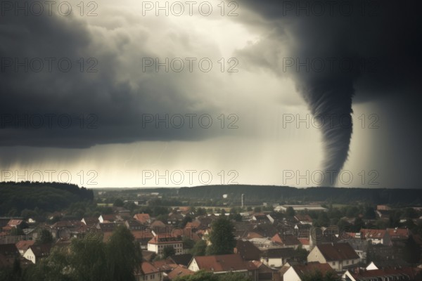 A tornado moves towards a housing estate with great destructive force, tornado, severe weather,
