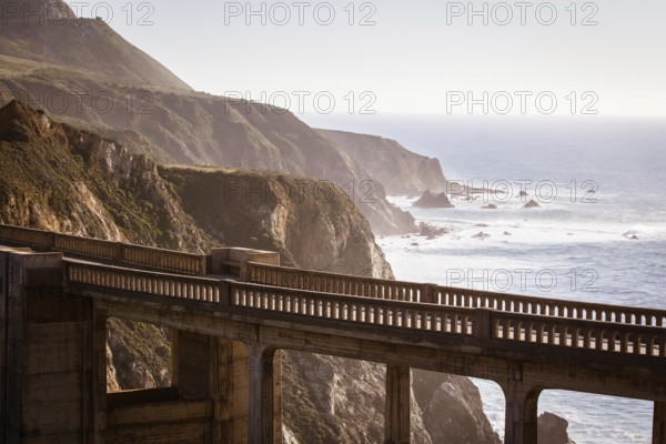 A view of Bixby Bridge out to the Pacific Ocean near Big Sur, California, USA, North America