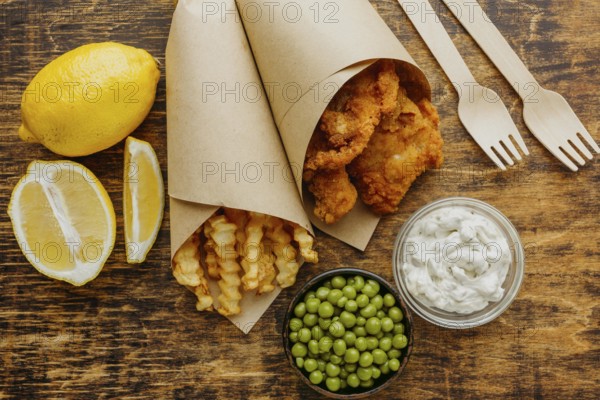 Top view fish chips paper wrap with peas cutlery