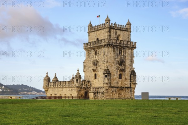 Lisbon Portugal city skyline at Belem Tower and Tagus River