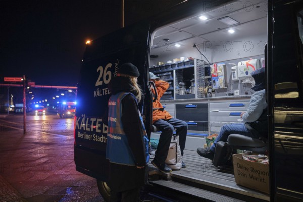 Germany, Berlin, 25 November 2018, cold bus of the Berlin City Mission, homeless people on the bus,