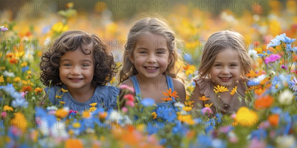 Three girls of different ethnicities run happily and laugh in a field of colourful flowers. AI