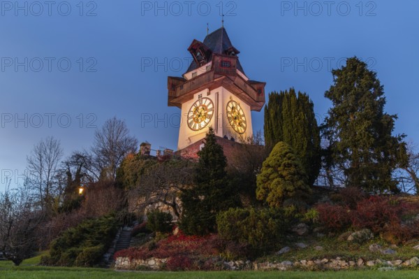 Clock tower on the Schlossberg, blue hour, Graz, Styria, Austria, Europe