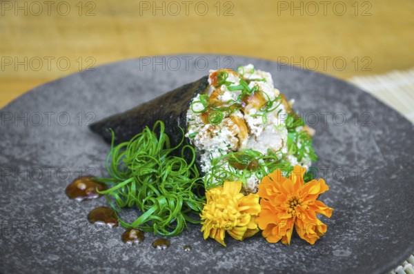 Temaki sushi. Traditional Japanese cuisine, premium Temaki of shrimp