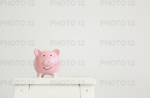 Pink pig piggy Bank on a white background with copy space
