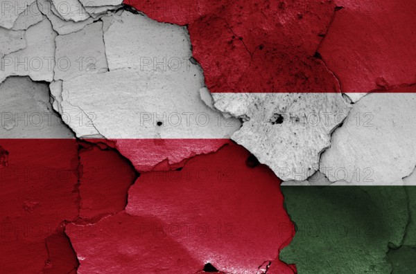 Flags of Poland and Hungary painted on cracked wall