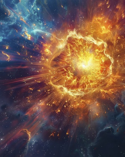 A vivid depiction of a supernova explosion emitting bright energy in the depths of space, AI