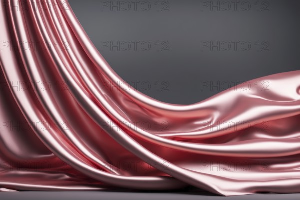 Smooth pink silky fabric with elegant flowing drapery against a gray background, AI generated