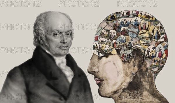 Franz Joseph Gall, 1758-1828, German neuroanatomist and physiologist with a Phrenological Chart,