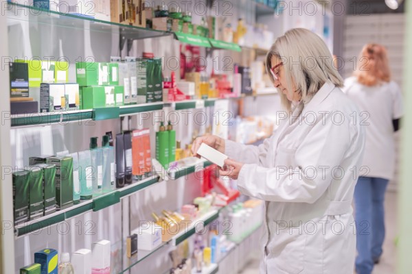 A professional pharmacist examines a product, surrounded by a variety of medicines and health